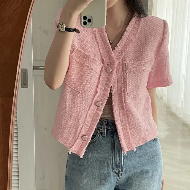 Women's Summer Elegant Tweed V Neck Short Sleeve Jacket Lady Korean Style Solid Color Single Breasted Short Outwear Top