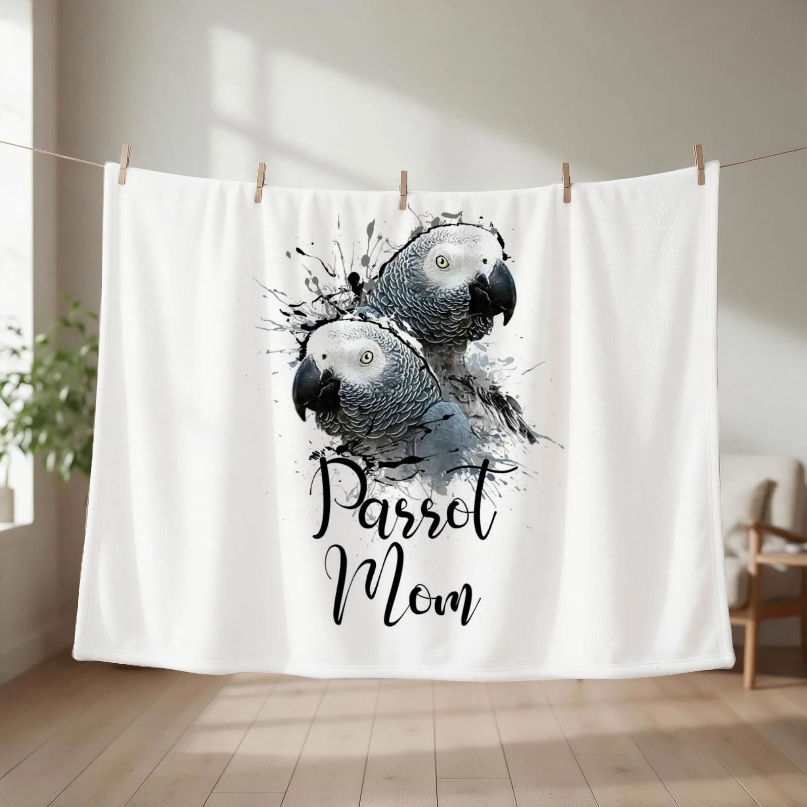 Color Splatter African Grey Parrot Mom White Throw Blanket couch cozy soft plush fuzzy picnic outdoor blanket