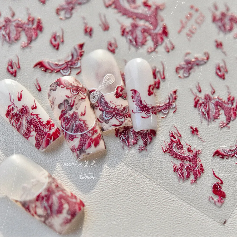 1pc 5D Vintage Drachen Muster Nail art Aufkleber Chinesische Mythologie Xiangyun Stickerei Schmetterling Aufkleber Geprägte Retro Maniküre DIY