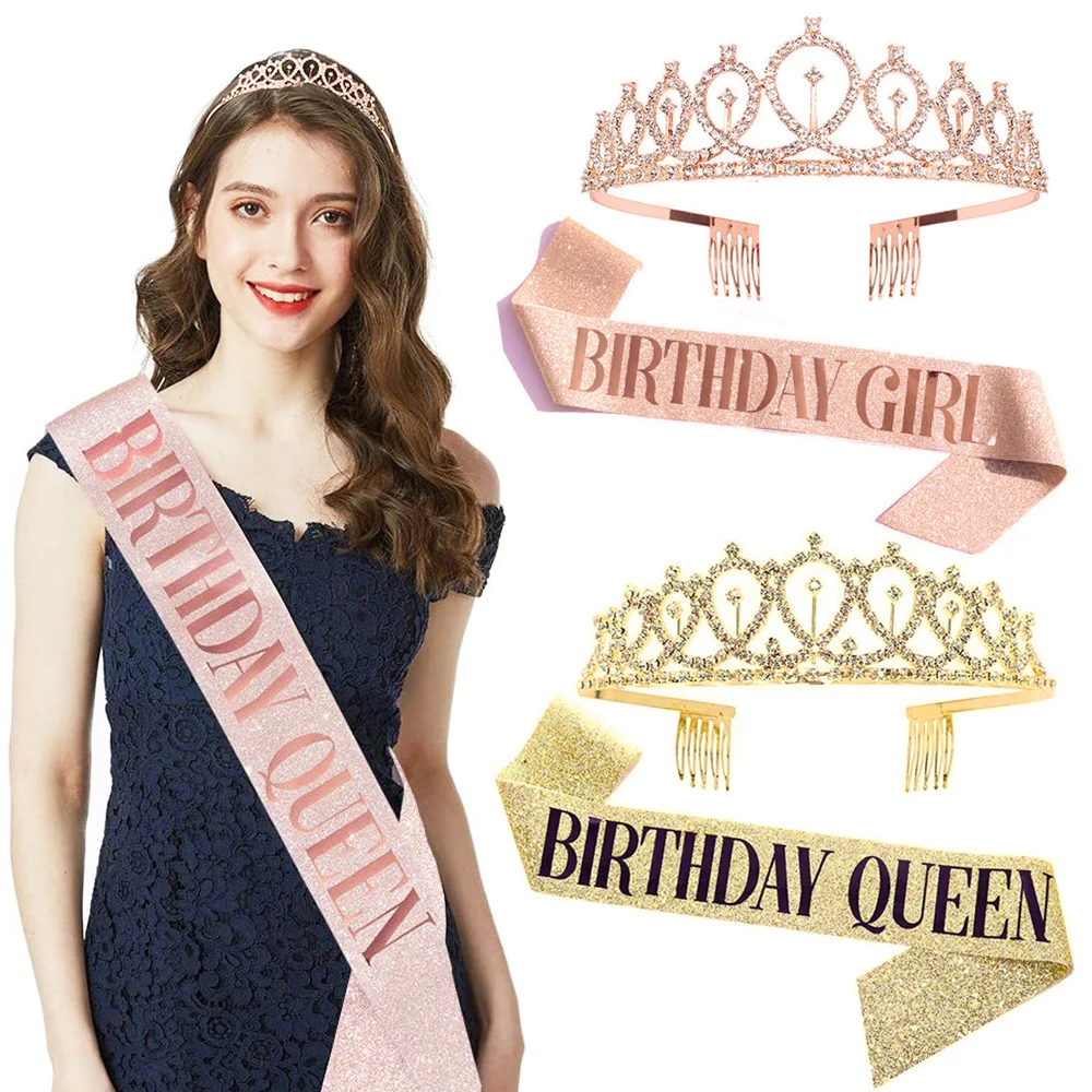 Rose Gold Glitter Birthday Satin Sash Bling Crystal Crown Birthday Queen Girls Tiara Shoulder Strap Birthday Party Decoration