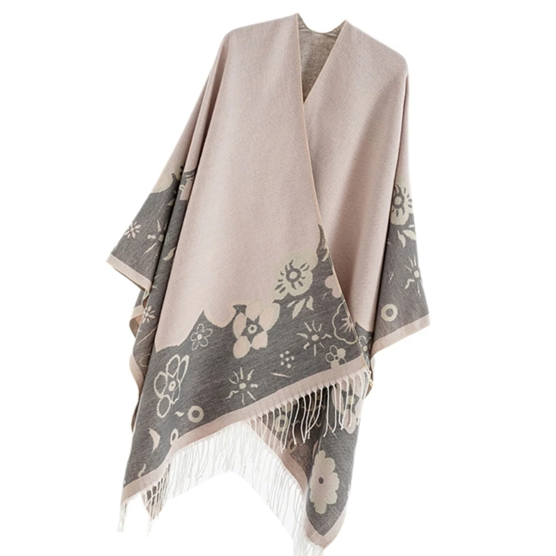 50JB Fashionable Tassels Fringe Sweater Ponchos Capes with Floral Pattern for Women Open Front Cardigan Shawl Wrap Cloak