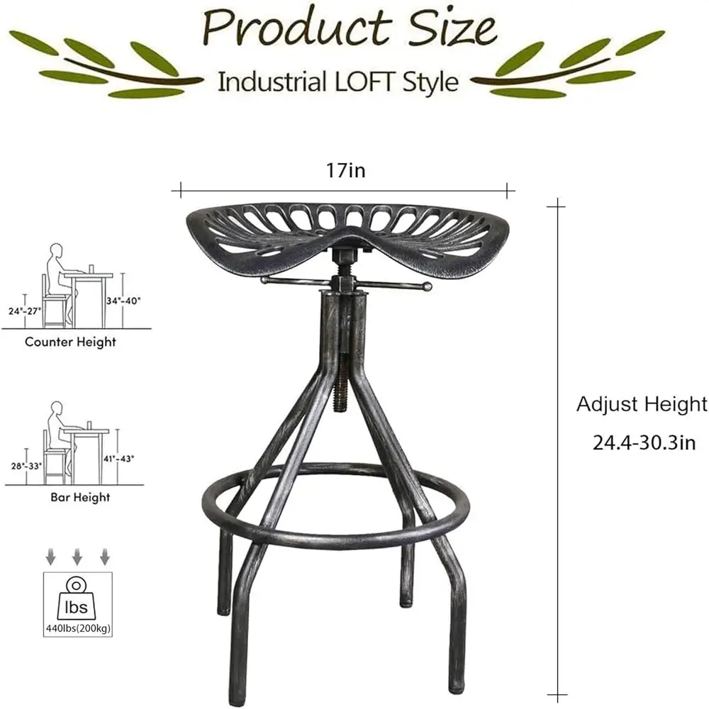 Set Of 2 Rustic Industrial Bar Stool-Cast Iron Tractor Seat Stool-Adjustable Counter Height Swivel Breakfast Bar Stool-Rustic