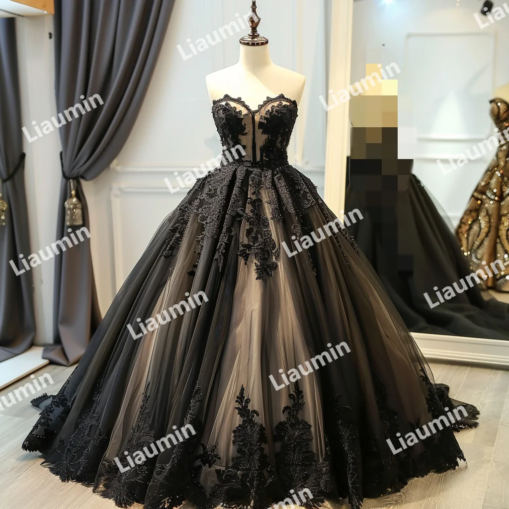 Gaun hitam Tulle baru dengan renda Applique gaun pesta tanpa tali gaun pesta Prom gaun acara Formal punggung renda A3-2.8 khusus