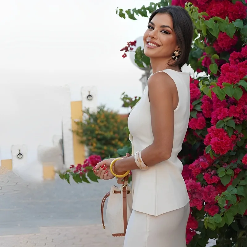 ​ ​ Y2K メタルバックルクロップベスト女性スプリットフロントボディコンノースリーブ春夏 ​ ​