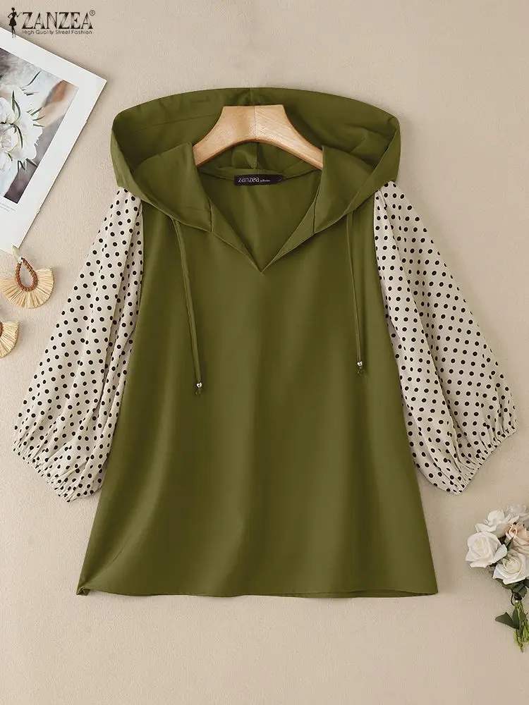 女性ファッションフード付きブラウス秋水玉プリントパッチワーク 3/4 ランタンスリーブカジュアルルーズトップス ZANZEA 女性服 S-3XL