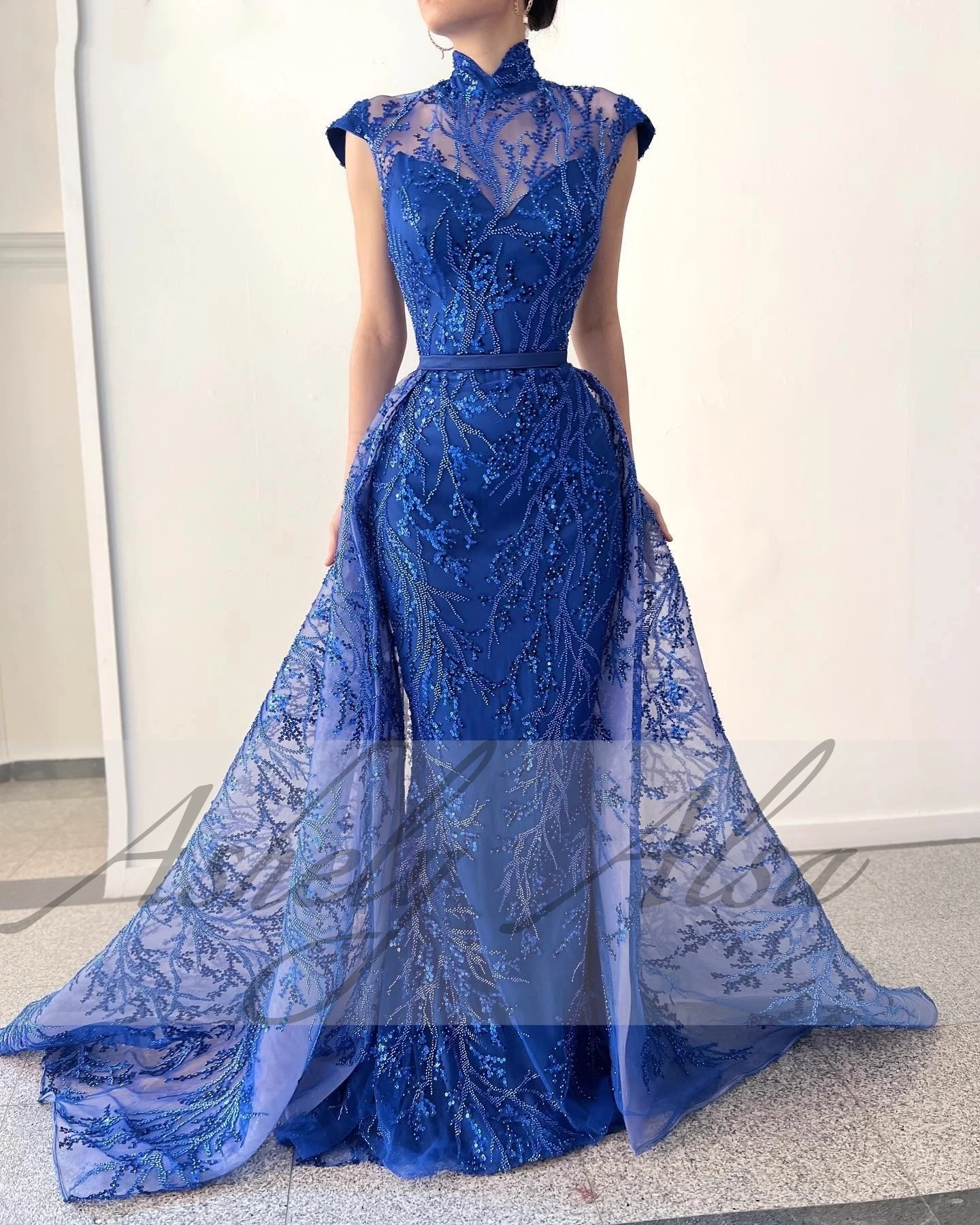 Vestido de noche elegante personalizado para mujer, azul real, con falda desmontable, cuentas, sirena, largo, Formal, para ocasión, fiesta de graduación