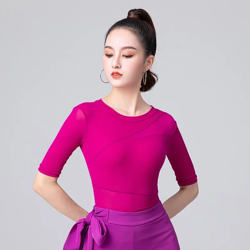 

Women Latin Jumpsuit Top Training Cloths Female Summer Mid Sleeve Dance Practice Clothes National Standard Modern Ballroom Dance