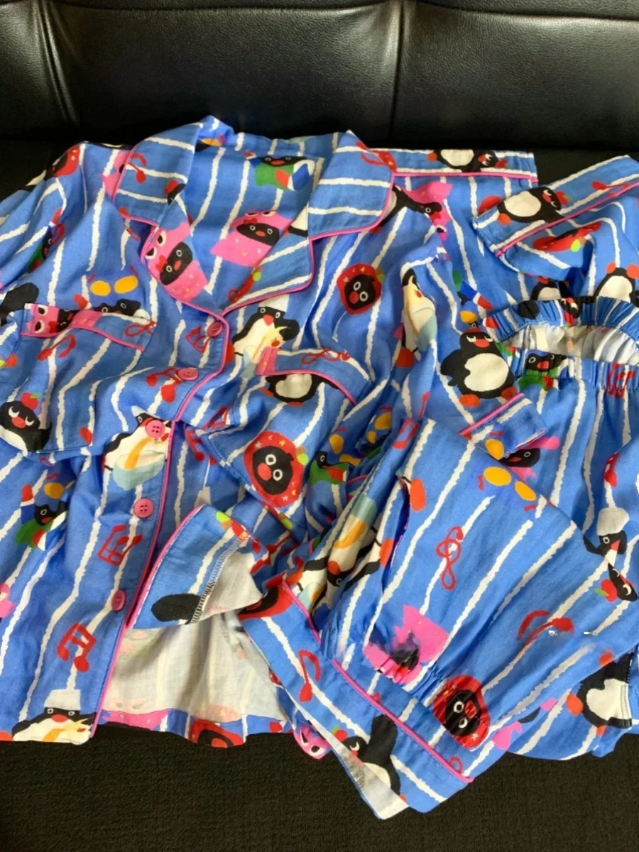 Cute Penguin Striped Three-Piece Set Summer Casual Short Sleeve Couples Sleepwear Men's Women's Home Clothes Cotton Fabric
