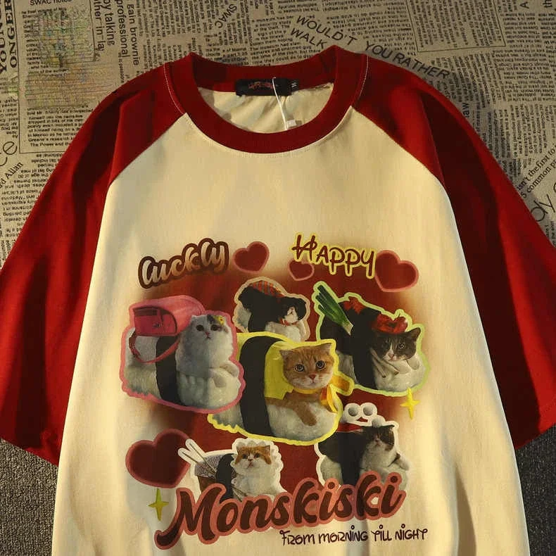 Hip-Hop Personalized Kitten Print Graphic T-Shirt for Men and Women - Trendy Loose Casual Couple Short-Sleeved Top Harajuku