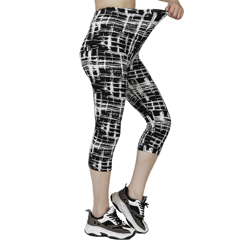 QR33 Women\'s Summer Capris Elastic Waist Leggings Abstract Plaid Printed Leggings Fitness Breathable Sports Pants