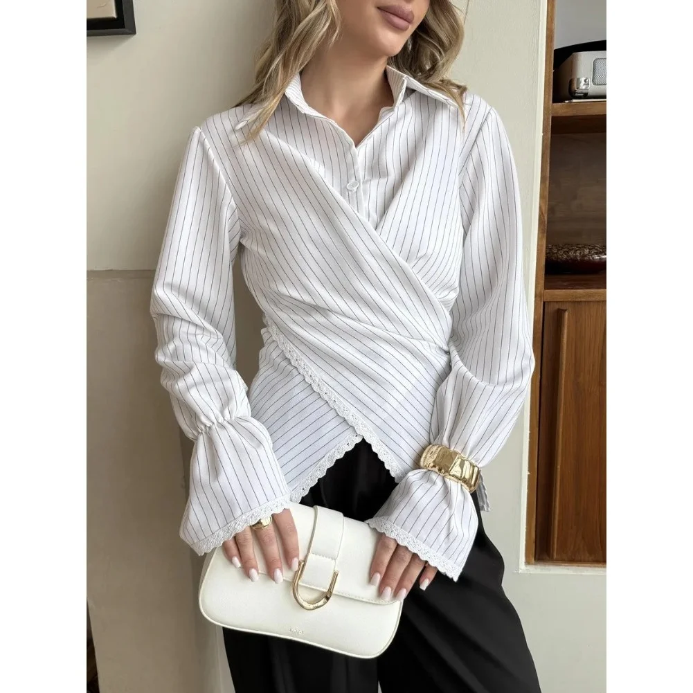 Vacation Fitted Shirt Lace Shirt Long Sleeve Tee Women Striped Shirt Lace Detail Striped Texture Regular Length