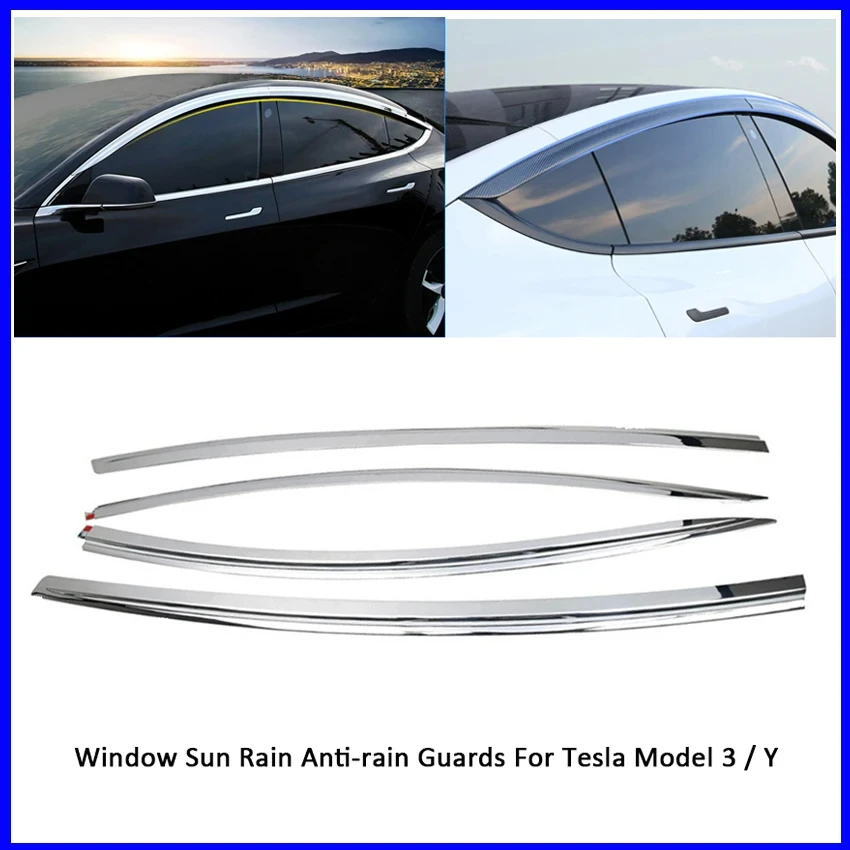 

For Tesla Model 3/Y Window Sun Rain Anti-rain Guards Car Window Visors Electroplated Window Vent Deflector Weather Guards