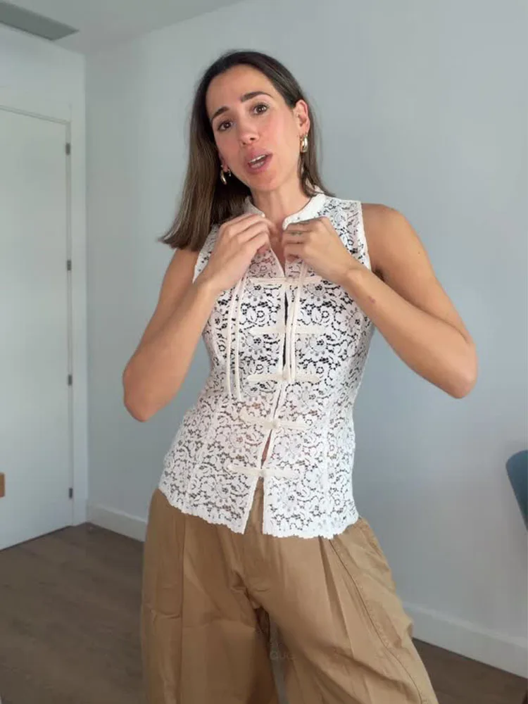 HH Women Fashion Versatile Single Breasted Lace Hollow Decoration Short Top Female Summer Elegant Sleeveless Sexy Slim Vest Top