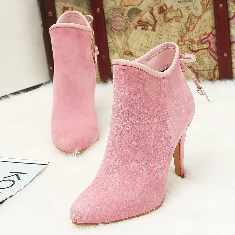 2023new autumn winter Women ankle boots plus size 22-27CM flock upper side zip modern boots high heel butterfly knot short boots