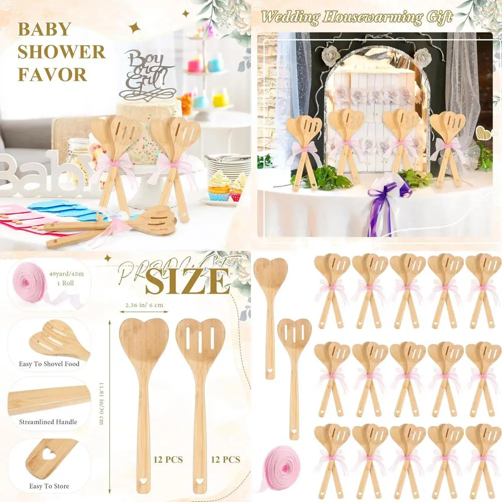 

Set of 24 Wooden Heart-Shaped Spoons with Ribbon for Wedding, Shower, and Party Favors