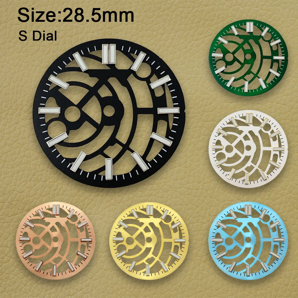 

28,5 мм S логотип полый циферблат подходит для механизма NH70/NH72 зеленый светящийся высококачественный циферблат аксессуары для модификации часов