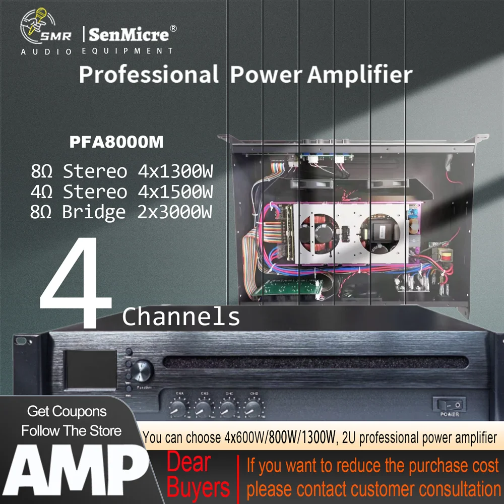 SenMicre PFA8000M 4X1300W 8Ohm Professional Power Amplifier Line Array Speaker Power Amplifier DJ Subwoofer Sound Amplifier