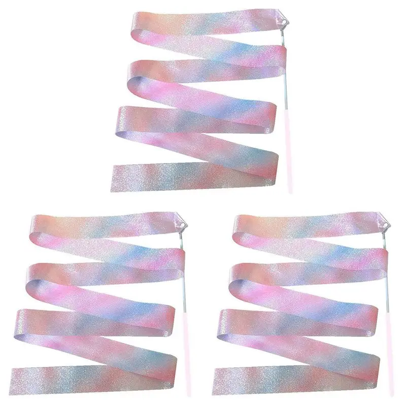AEF6-3Pcs 2M Flashing Star Gym Ribbons Dance Ribbon Rhythmic Art Gymnastics Ballet Streamer Twirling Rod Rainbow Stick