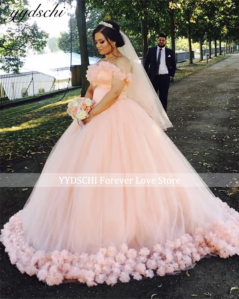 Vestido De Novia romántico De color rosa claro con apliques De flores en 3D, vestido De Novia De princesa con hombros descubiertos, Vestidos De Novia hinchados 2023