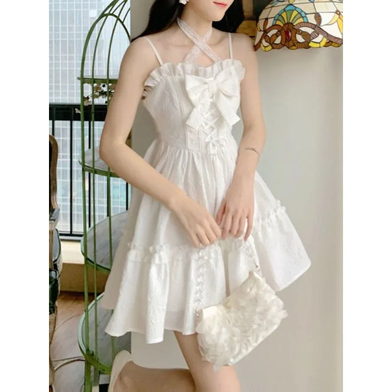 

Lolita Cute Summer New Women's Solid Color Sling Bow Lacing Spliced Ruffles Fashion Aesthetic Slim Sleeveless Princess Dress