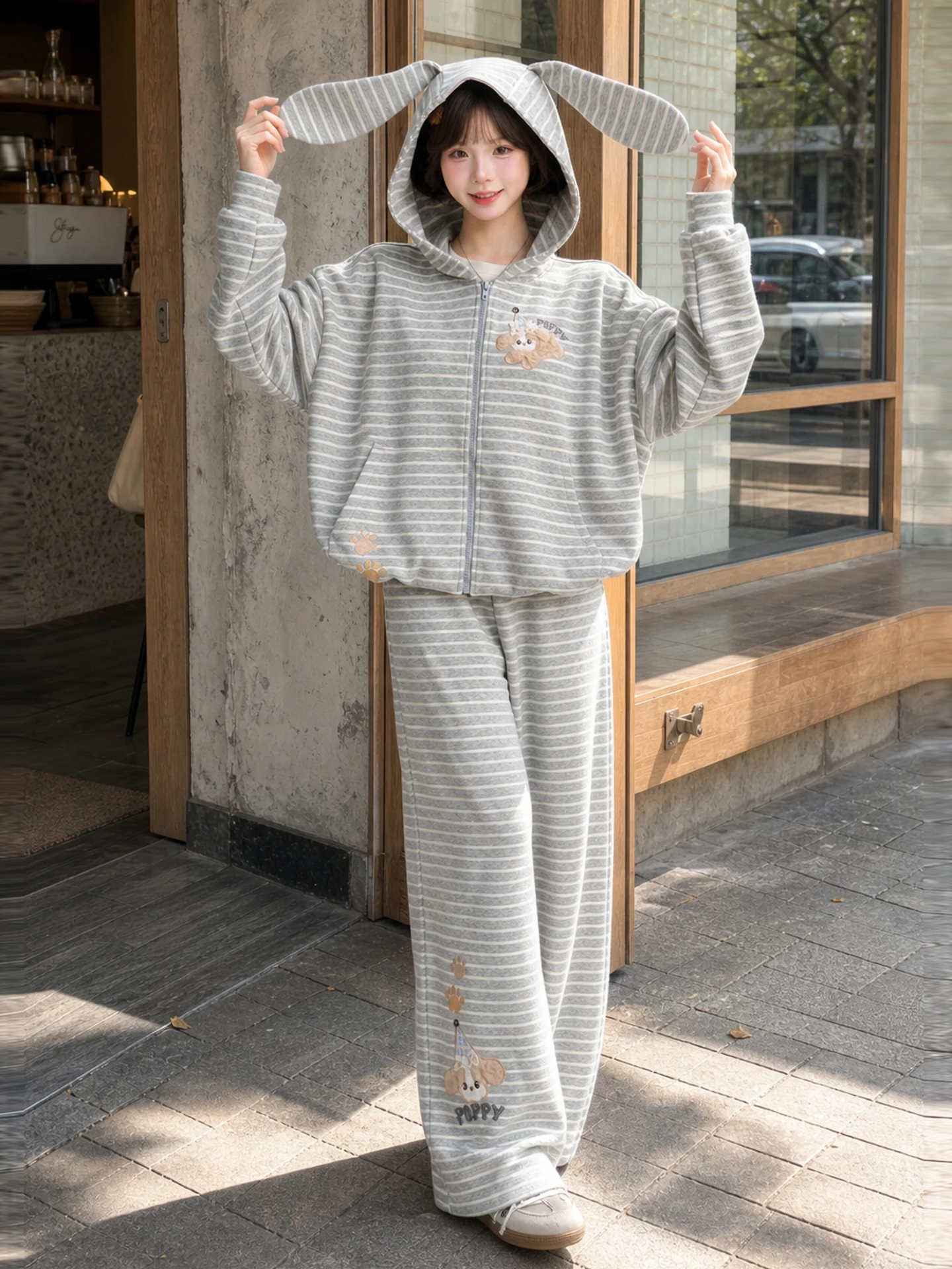 Sweet Girl Style Striped Jacket Women's New Dog Embroidery Design Rabbit Ear Hood Loose Top Autumn Season Polyester Fiber