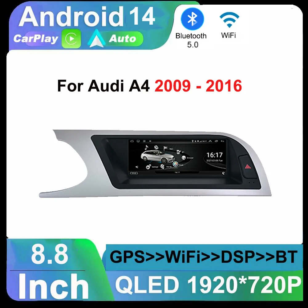 8.8 inch Android 14 for Audi A4 B8 2009 - 2016 Car Radio Video Multimedia GPS Navigation BT  Receiver Tablet WiFi 4G QLED Screen