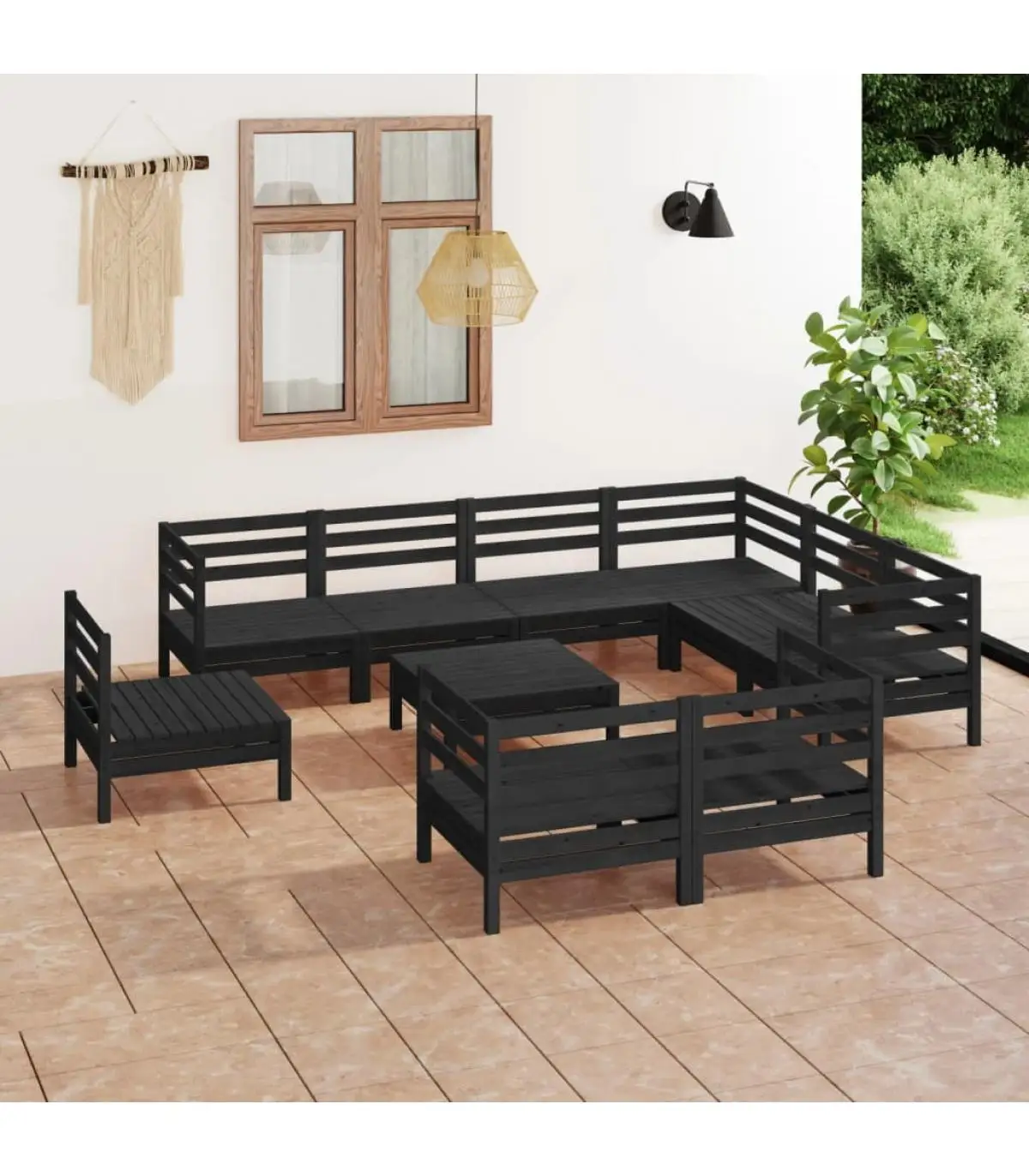 Garden sets garden furniture set 10 PCs black solid pine wood