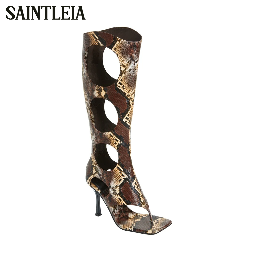 

Geometric Cutouts Thong Boots Snakeskin-Print Multicolour Gladiator Sandals Stiletto Heel Knee Summer Boots Square Toe Stilettos