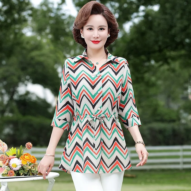 Plus size Middle-Aged Elderly Female Blouse Spring Summer long Shirt Womans Mother Ladies Coat Seven Sleeves Collared Shirt Tops