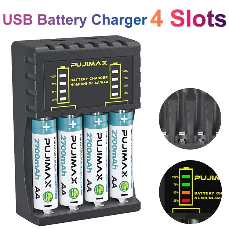 4 Slot Battery Charger Rechargeable Batter Charger With LED Display Indicator USB Charger Cable For AA/AAA Ni-MH/Ni-Cd Batteries