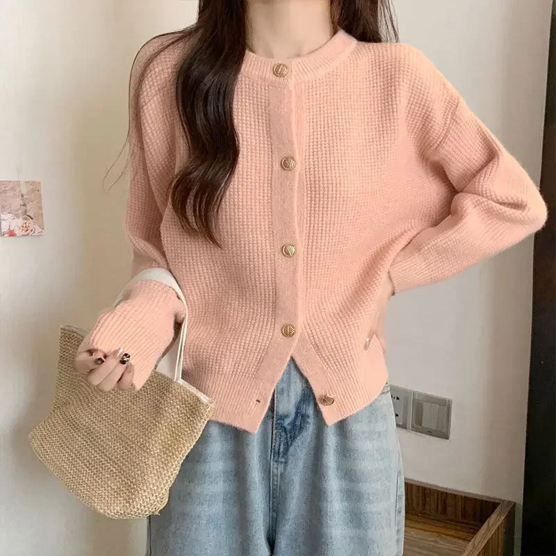 Autumn New Round Neck Cardigan Loose Soft Comfortable Knitted Jacket Women\'s Korean Fashion Casual Single Breasted Pink Cardigan