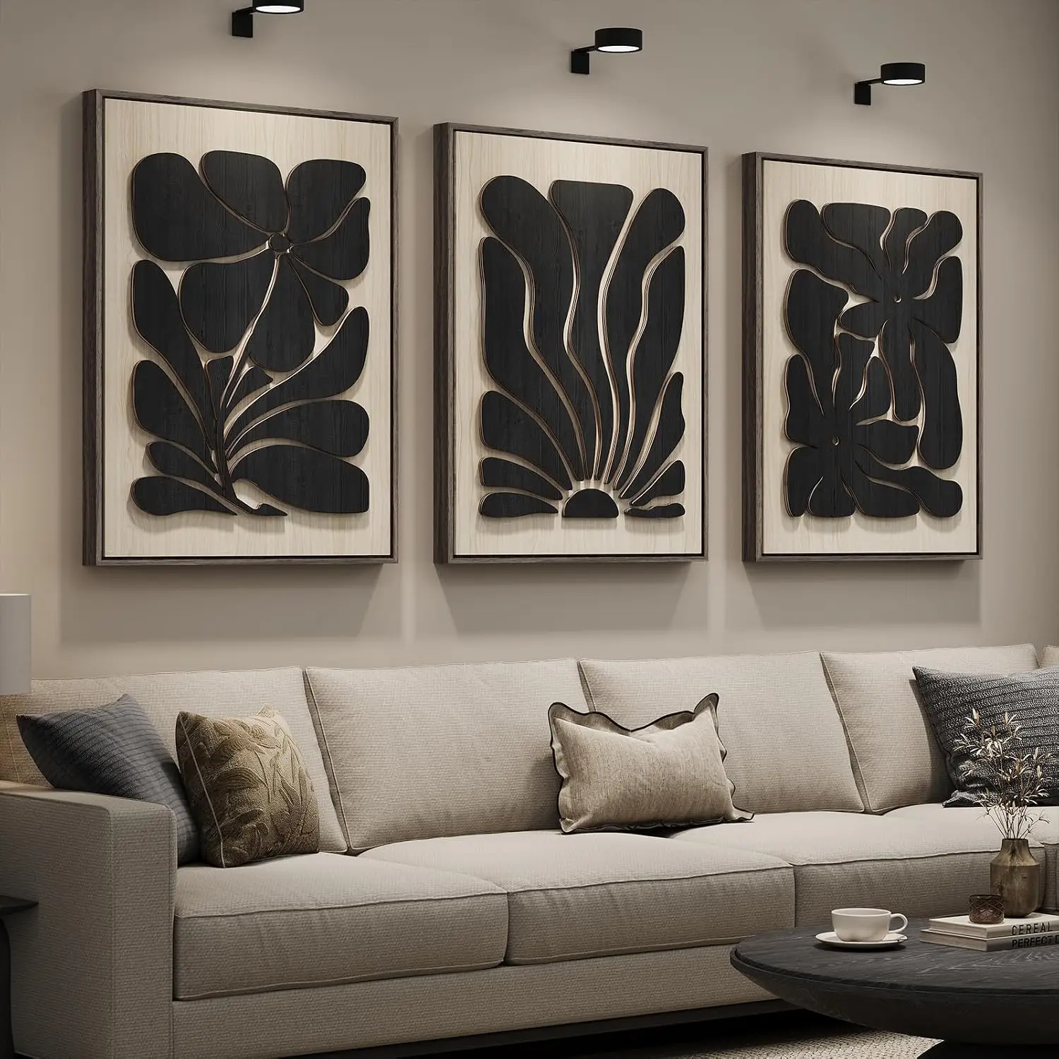 3D Textured Wood Wall Art Framed 3Piece Floral Abstract Bohemian Decor Black Beige 24x36 Inch Living Room Office Bedroom Hallway