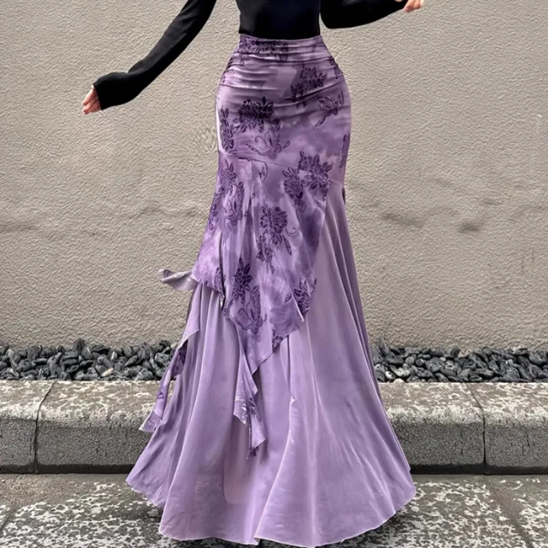 Spring Autumn New Mid-length Faldas Sexy Mujer Purple Mesh Vintage Print Skirt For Women Y2k Slim Waist Bodycon Skirts