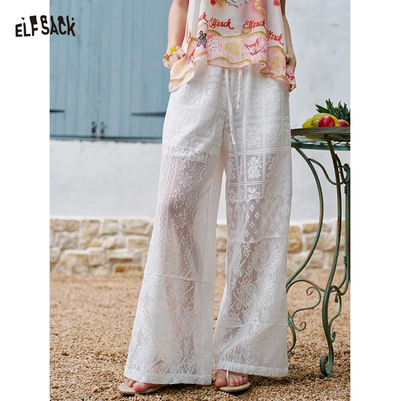ELFSACK Women's Elegant Lace Wide‑Leg Pants with See‑Through Geometric Pattern, Soft Daily High Waist Casual Bottom for Summer