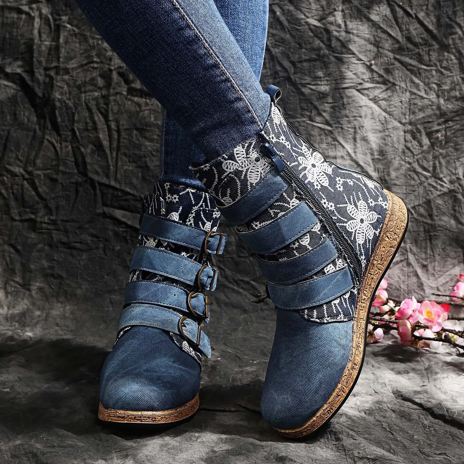 New Women Denim Boots Retro Printed Metal Buckle Soft Bottom Zipper Ankle Boots Ladies Shoes Fashion Comfort Botines Mujer 2023