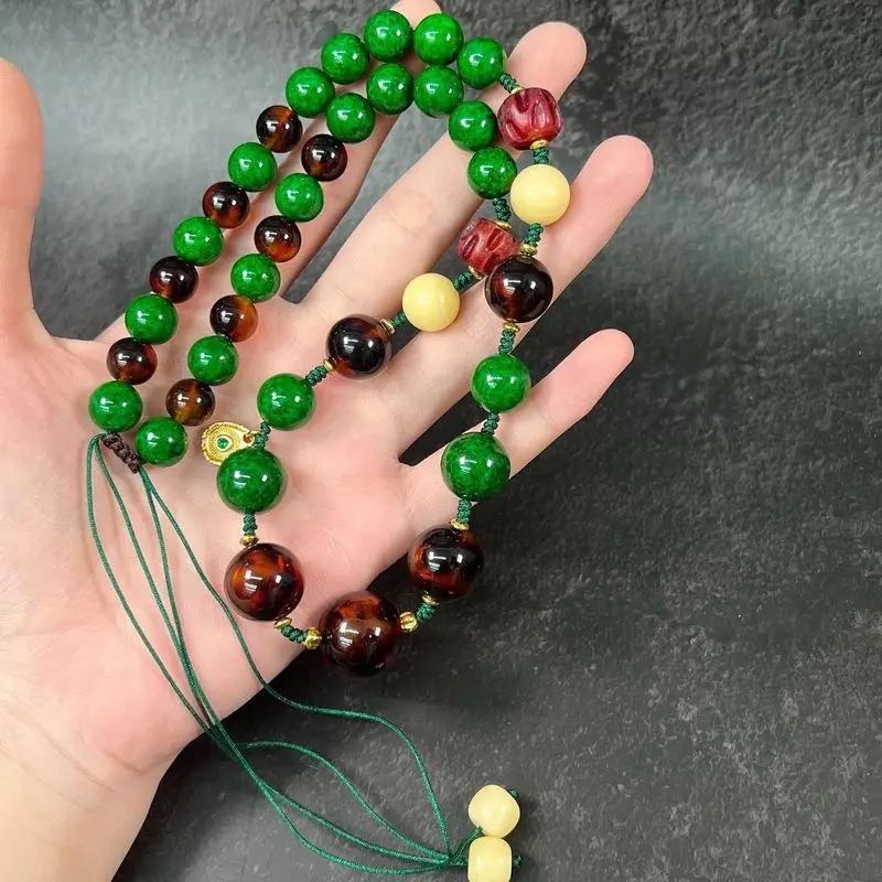 Imitation Green Tortoise Bead , Bone Accessory, Buddhist Prayer Beads, Handmade Woven Necklace, Sweater Chain