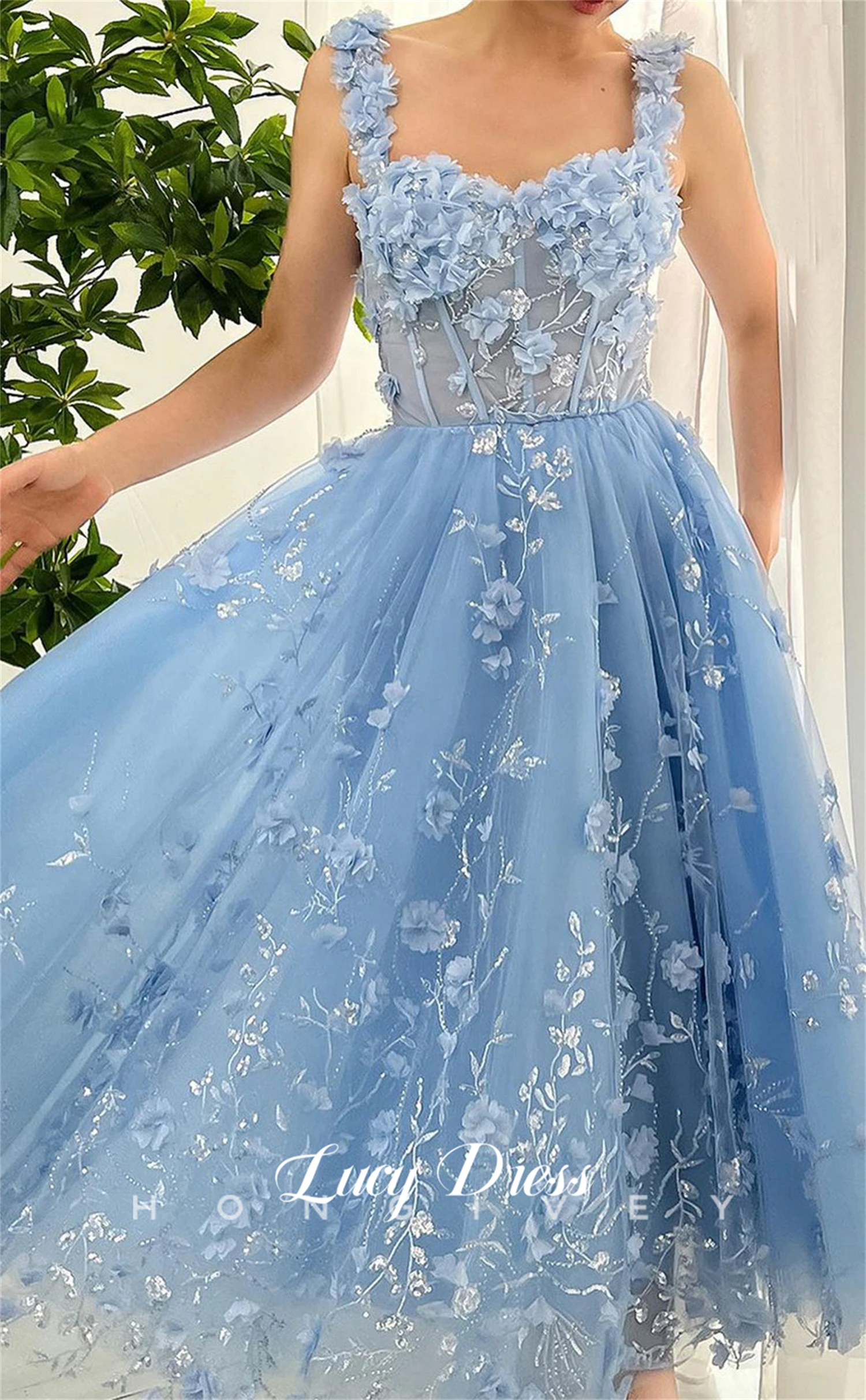 Lucy Coming of Age Dress Sky Blue Line A 3D Flowers Mesh Graduation Gown Birthday Party Quinceanera Dresses Ball Gowns Prom