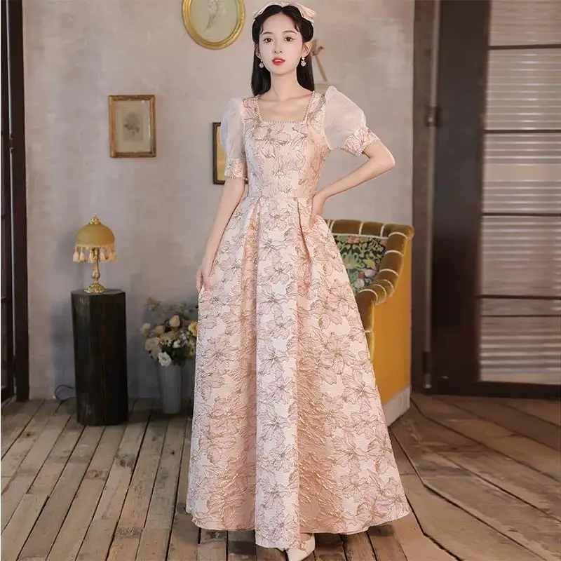 

Sweet Evening Dresses With Princess Puff Sleeve Delicate Beading Square Collar Prom Dress Elegant Floor-length A Line Vestidos