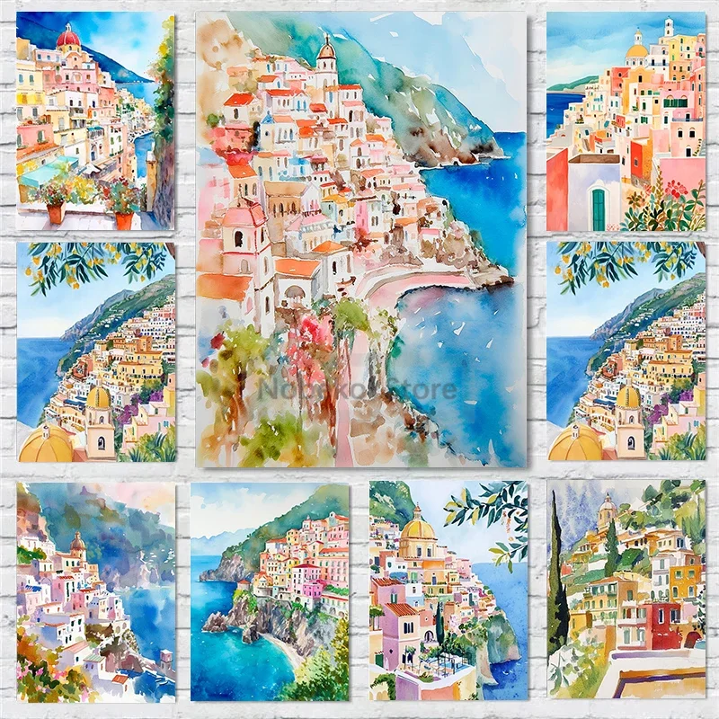 Italian Amalfi Coast Cityscape Poster Positano Watercolor Coastal Landscape Prints Canvas Painting Wall Art Home Room Decoration