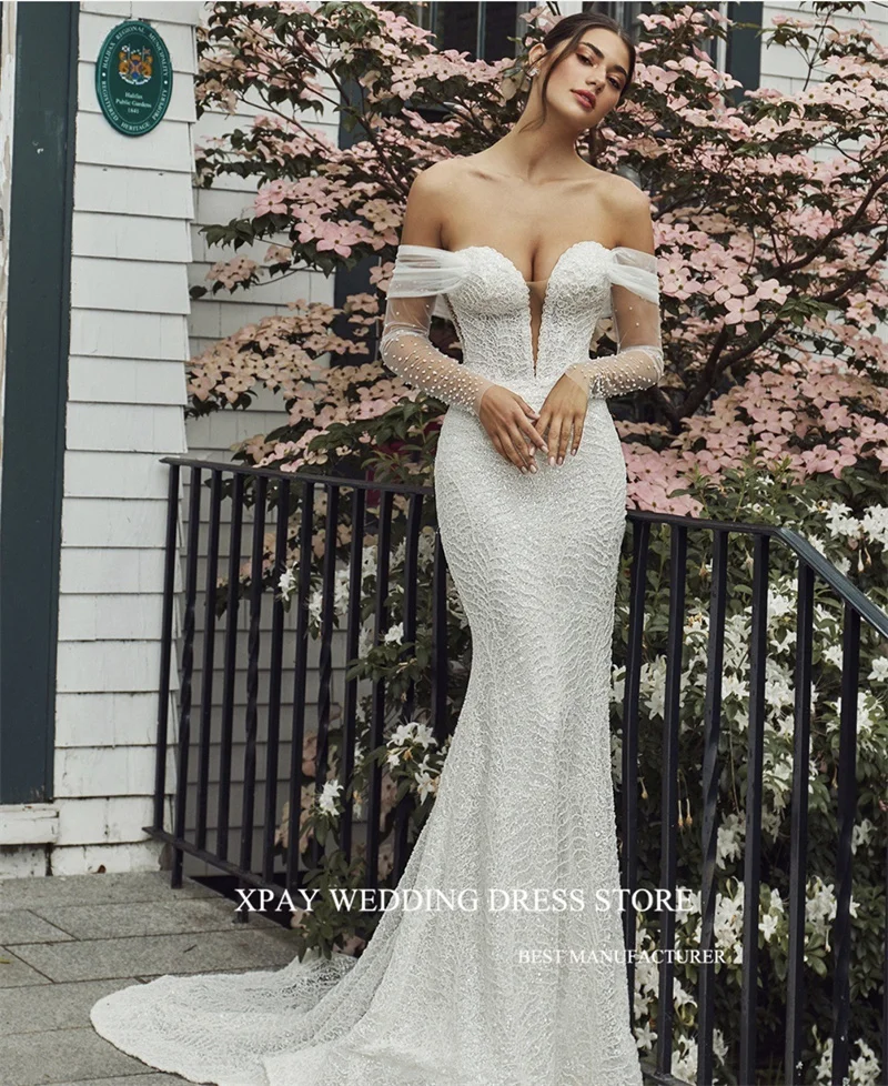 XPAY Sexy Off the Shoulder Mermaid Glitter Wedding Dresses Sheer Long Sleeves Elegant Bridal Gowns Plus Size Robe de mariage