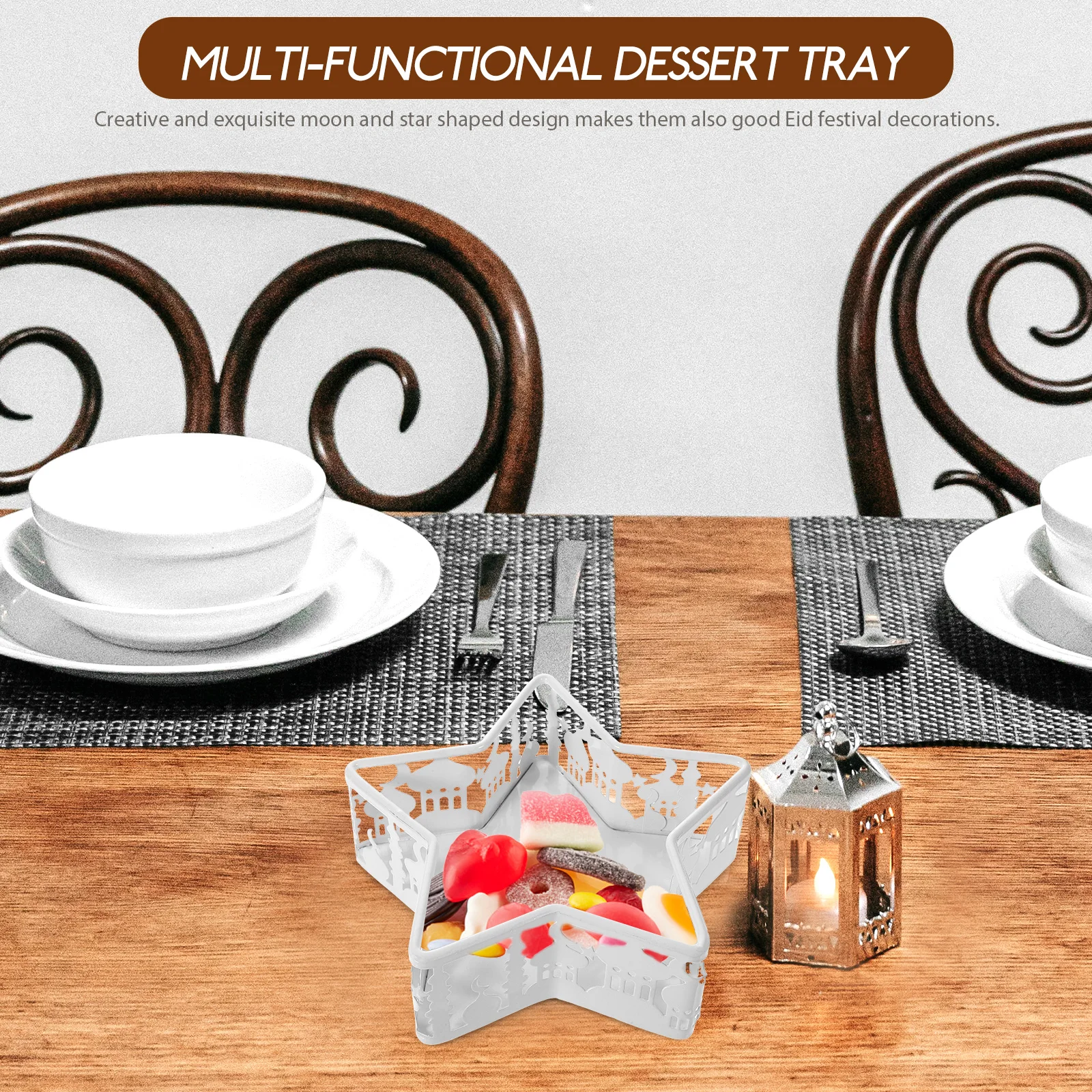 

1Set Eid Iron Star Moon Tray Wood Serving Plate Snacks Dried Fruit Ramadan Festival Decoration Eid Iron Moon Star Tray
