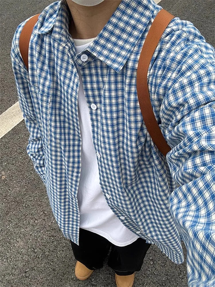 

Retro Japanese Blue White Plaid Men's Long Sve irt Spring Cleanfit Layering American Sle Sun Protection Coat