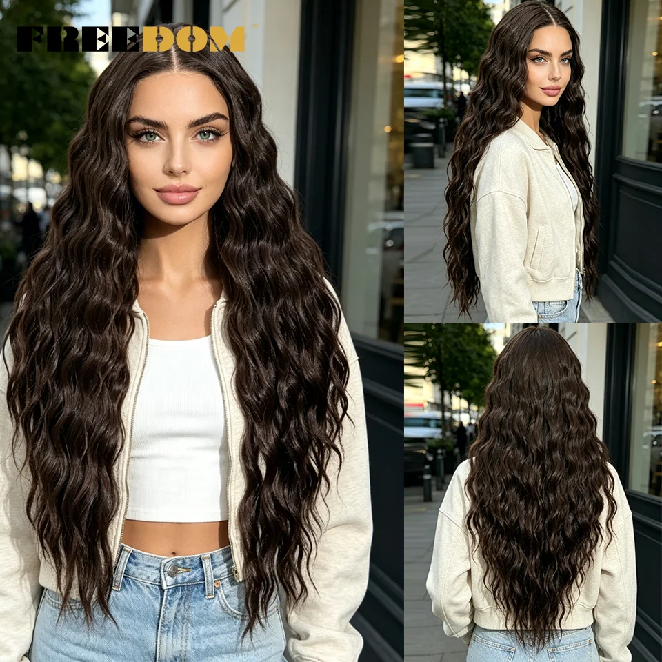 FREEDOM 13x4 Curly Synthetic Lace Front Wigs For Women 28 Inch Ombre Brown Pre Plucked Lace Wig Daily Use Wig Layered Lace Wig