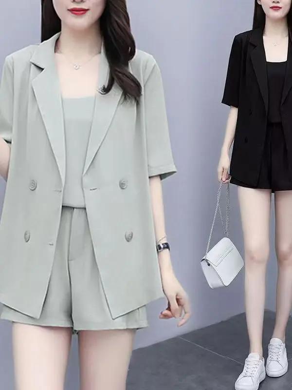 

plus Size Summer Fashion Slimming Short Sleeve Suit Set High Waist Shorts Three Piece Set Korean Style Commute Casual Wear