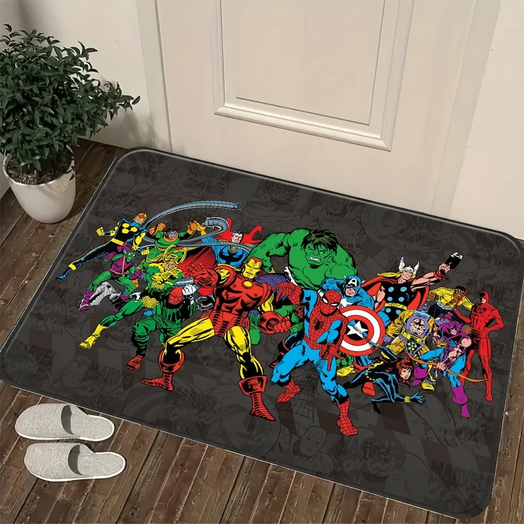 Marvel a autorisé la production d'un tapis de sol imprimé avec un motif de groupe de héros, comprenant Iron Man, Hulk, Spider-Man.