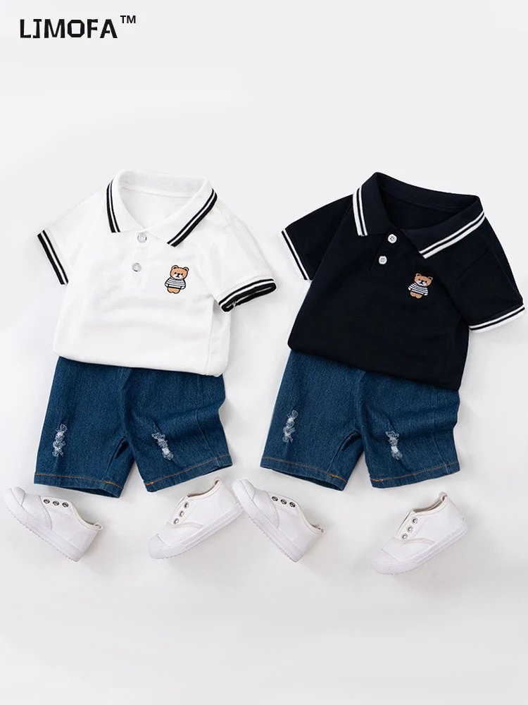 

LJMOFA Summer Boys Clothing 2pc T-shirt+Jeans Sets Kids Fashion Cartoon Bear Cotton Short Sleeve Denim Shorts Suits 1-6Y D456