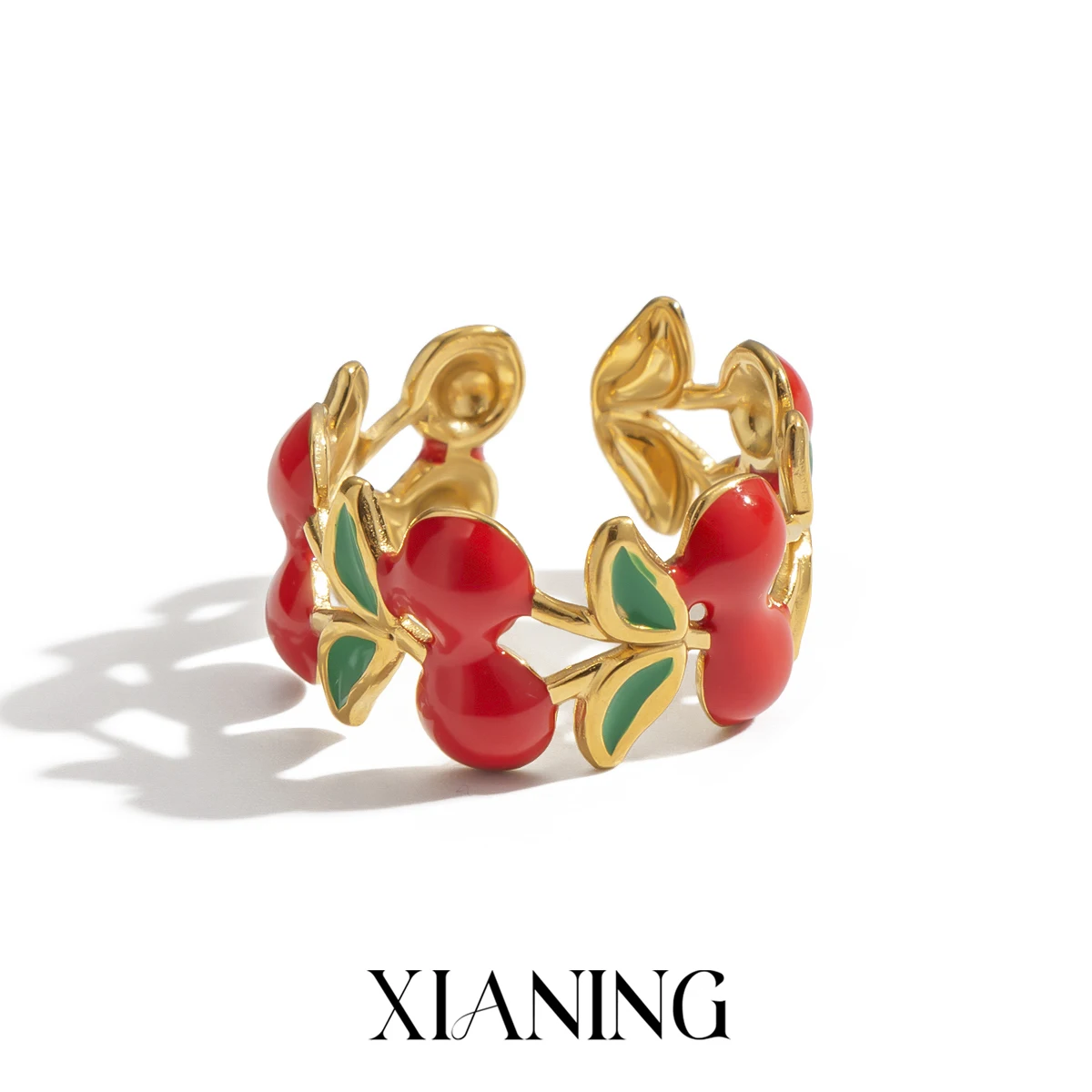 XIANING Niedlicher Kirsch-Spleißring mit Obst-Öffnung für Damen, Edelstahl, modisch, Sommerurlaub, wasserdichter Handschmuck