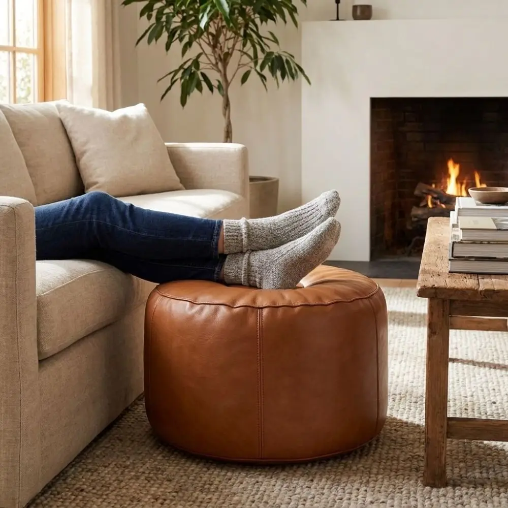 Lazy Sofa Cover PU Leather Pumpkin Pouf Cover Minimalist Non-Slip Pouf Cover Large Capacity Unstuffed Bean Bag Cover Bay Window