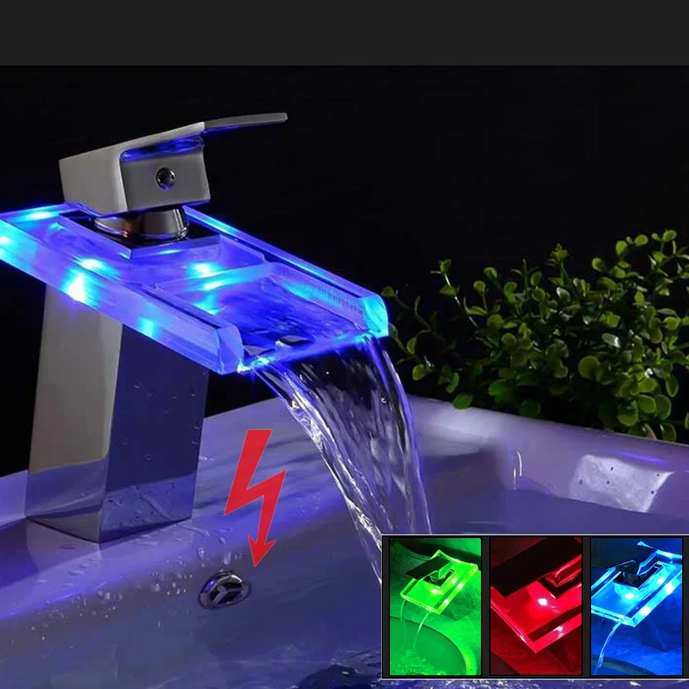 Grifo de cascada LED, grifo de baño de agua fría y caliente con 3 colores que cambian de Color, grifo mezclador de cascada de una sola palanca