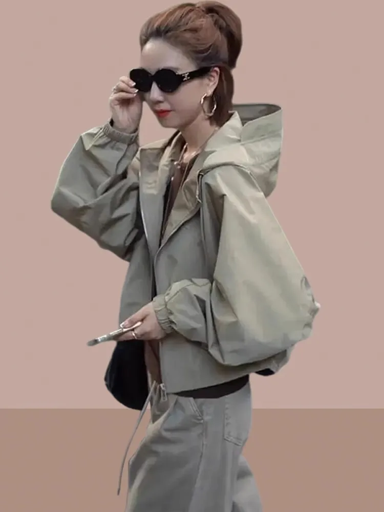 

Casual Women's ort Jaet Windproof Spring Autumn Faionable Small Size Top Coat Coat with Hat ket Design Regular Sve